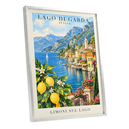 Lemon Light on Garda, blue, green, yellow nature wall art shown as a silver framed poster wall art print
