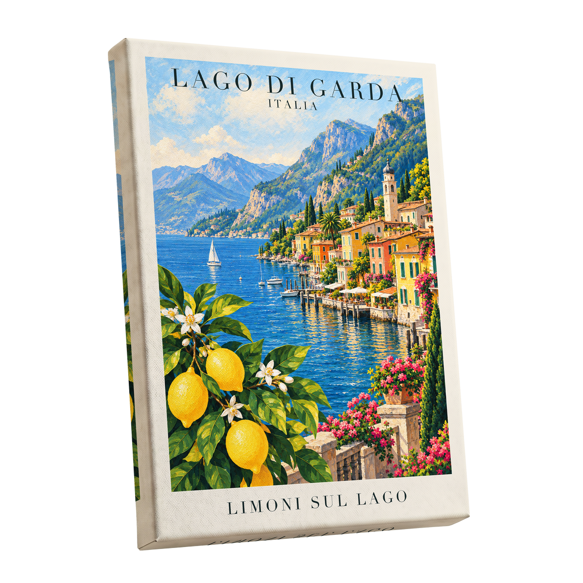 Lemon Light on Garda, blue, green, yellow nature wall art shown as a stretched canvas wall art
