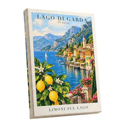 Lemon Light on Garda, blue, green, yellow nature wall art shown as a stretched canvas wall art