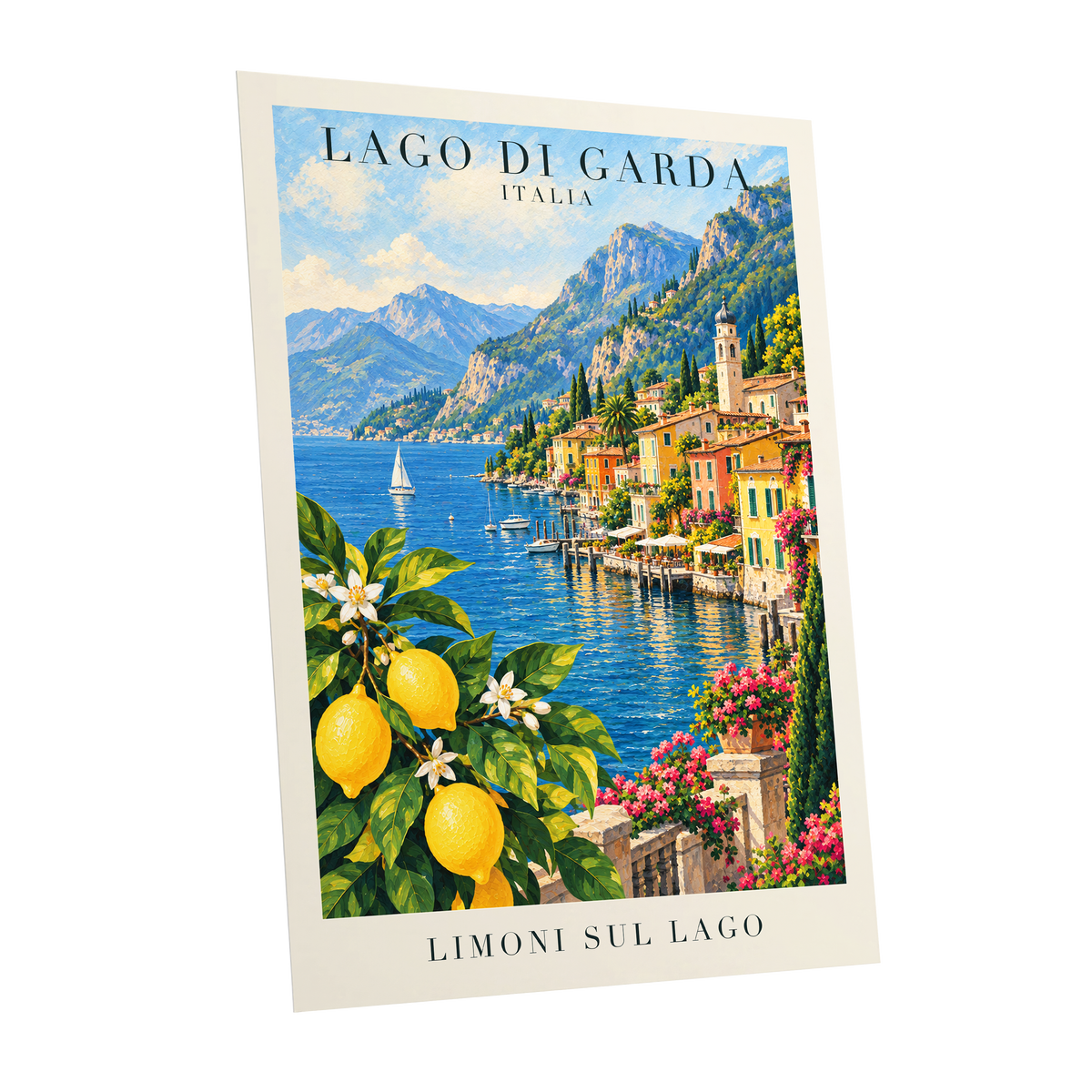 Lemon Light on Garda, blue, green, yellow nature wall art shown as a unframed poster wall art print