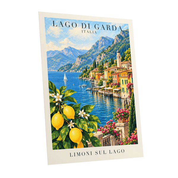 Lemon Light on Garda, blue, green, yellow nature wall art shown as a unframed poster wall art print