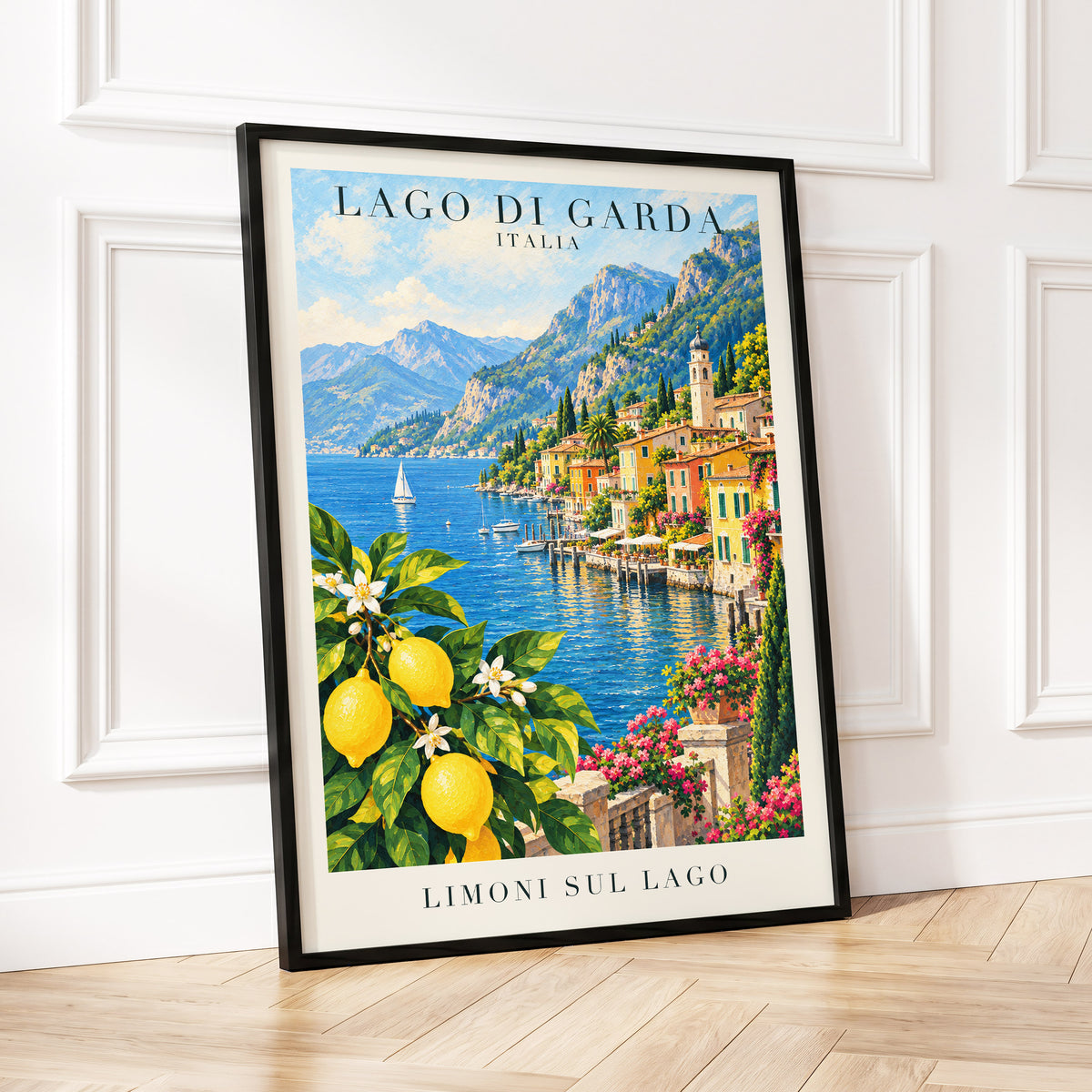 Lemon Light on Garda, blue, green, yellow nature wall art displayed in a styled interior, gallery view 2