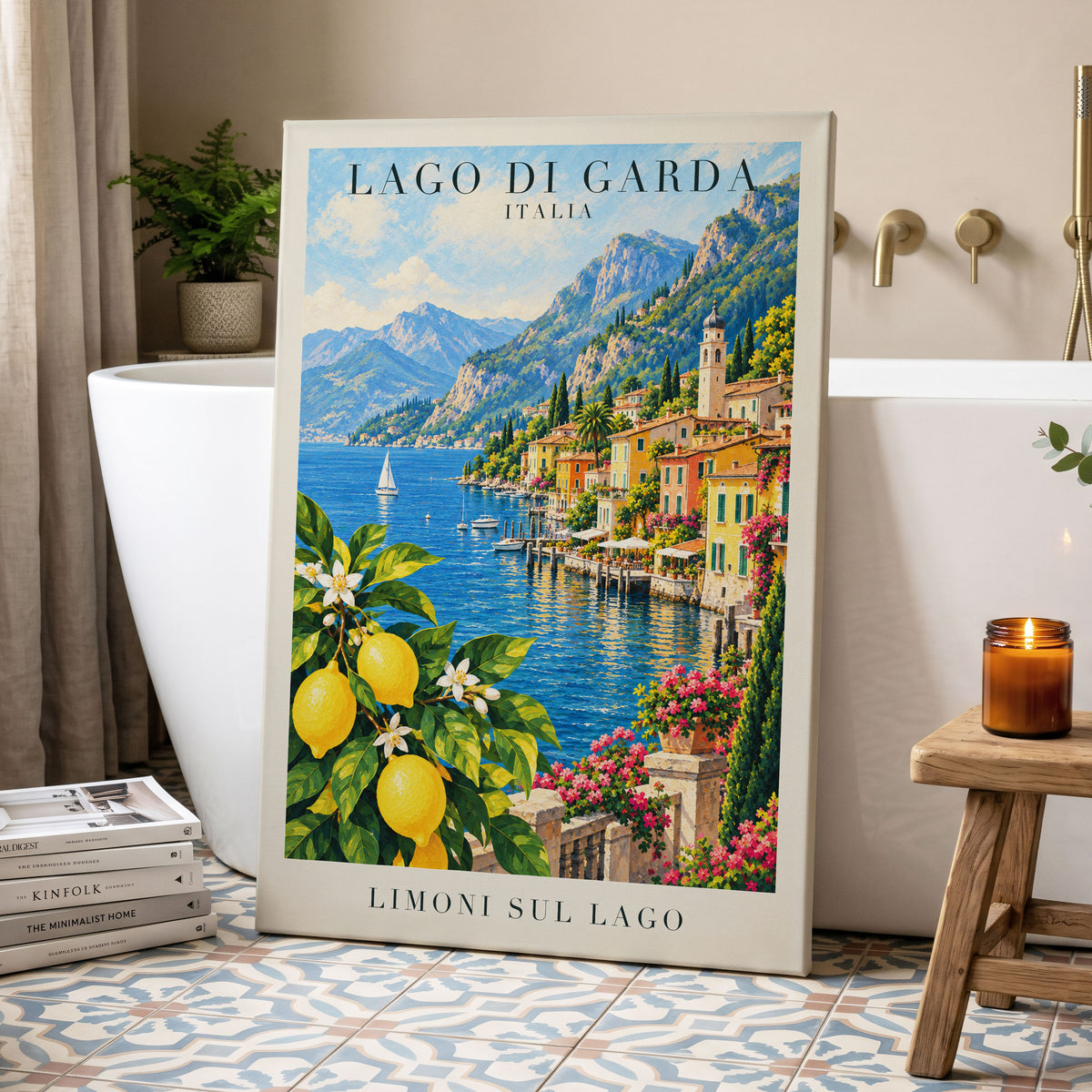Lemon Light on Garda, blue, green, yellow nature wall art displayed in a styled interior, gallery view 3