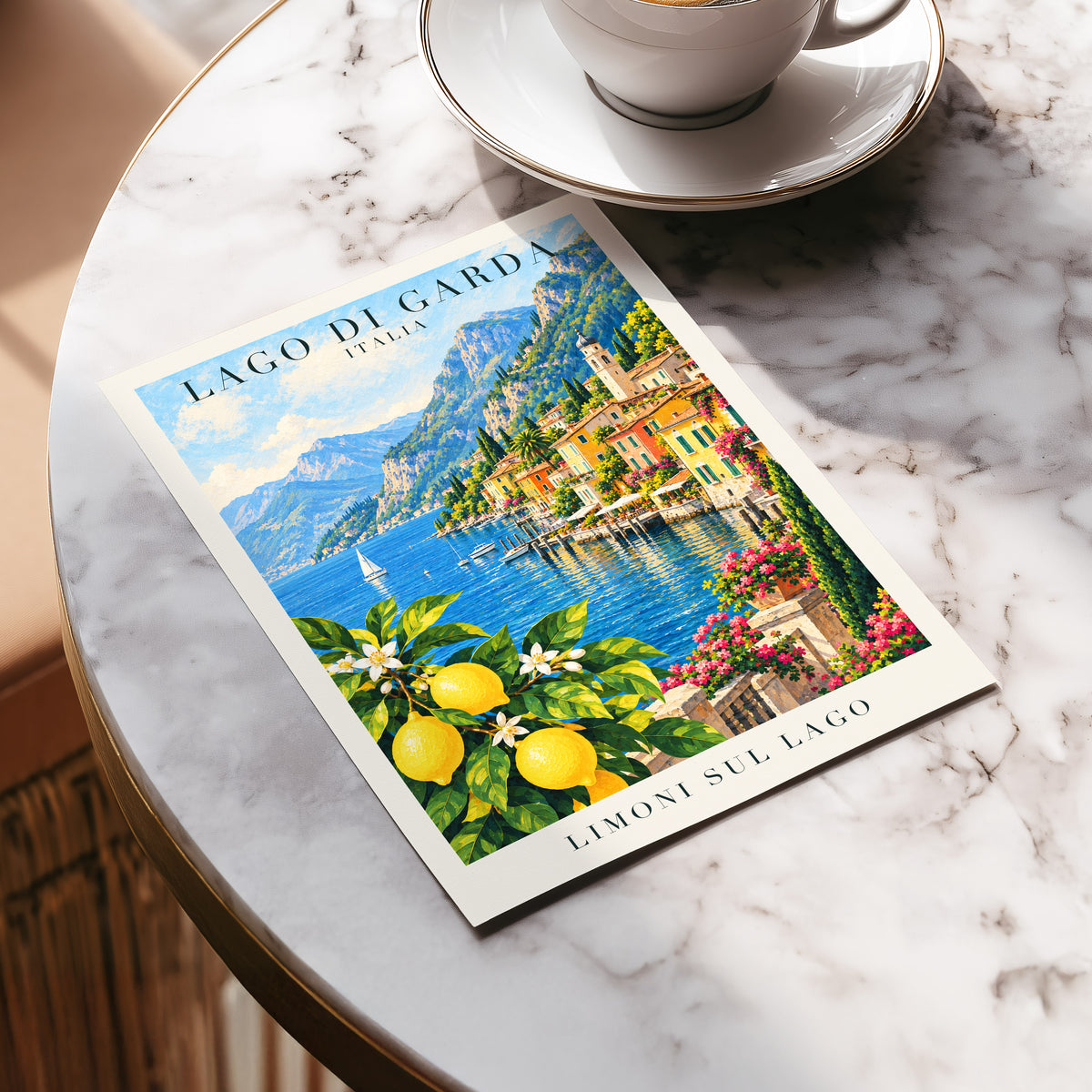 Lemon Light on Garda, blue, green, yellow nature wall art displayed in a styled interior, gallery view 5