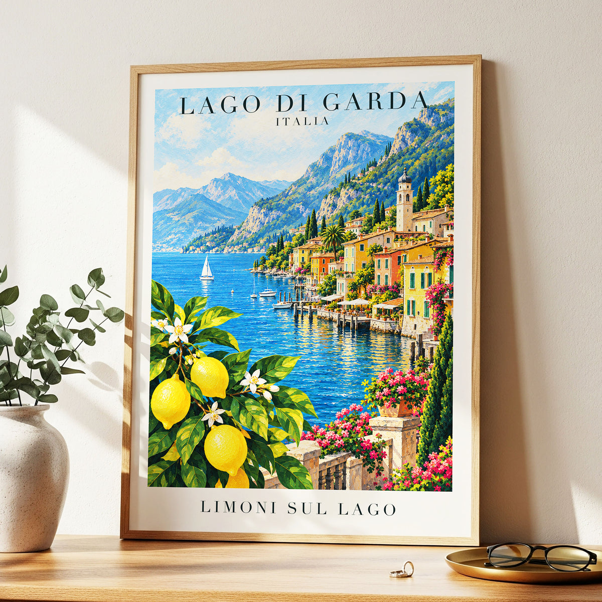 Lemon Light on Garda, blue, green, yellow nature wall art displayed in a styled interior, gallery view 6