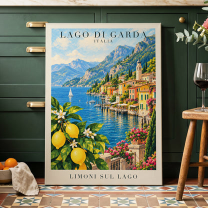 Lemon Light on Garda, blue, green, yellow nature wall art displayed in a styled interior, gallery view 7
