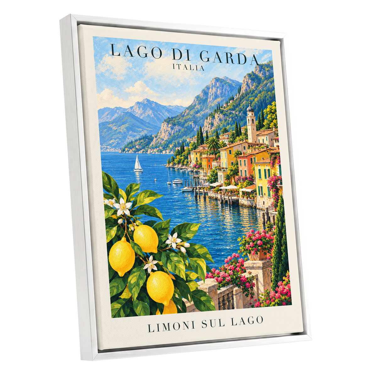 Lemon Light on Garda, blue, green, yellow nature wall art shown as a white framed canvas wall art