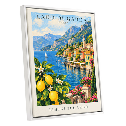 Lemon Light on Garda, blue, green, yellow nature wall art shown as a white framed canvas wall art