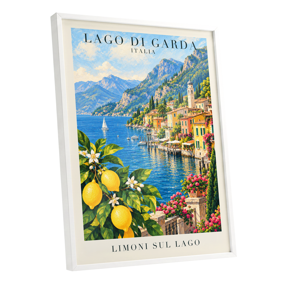 Lemon Light on Garda, blue, green, yellow nature wall art shown as a white framed poster wall art print
