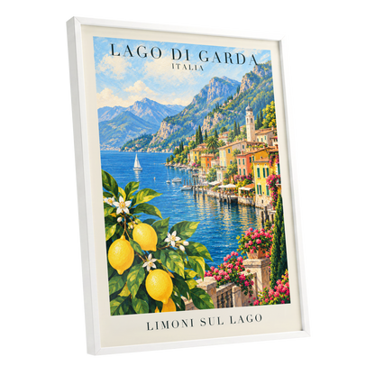 Lemon Light on Garda, blue, green, yellow nature wall art shown as a white framed poster wall art print