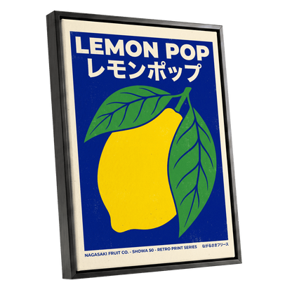 Lemon Pop, blue, yellow, green nature wall art shown as a black framed canvas wall art