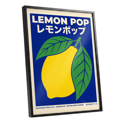 Lemon Pop, blue, yellow, green nature wall art shown as a black framed poster wall art print