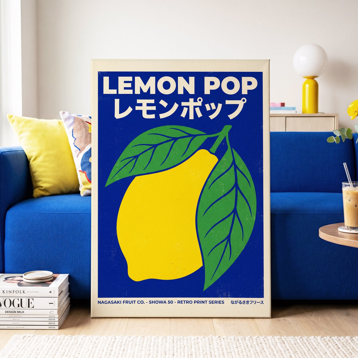 Lemon Pop, blue, yellow, green nature wall art on canvas displayed in a styled interior, gallery view 2