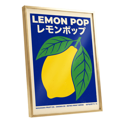 Lemon Pop, blue, yellow, green nature wall art shown as a gold framed poster wall art print