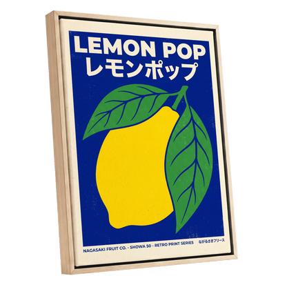Lemon Pop, blue, yellow, green nature wall art shown as a oak framed canvas wall art