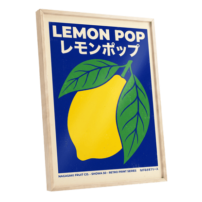 Lemon Pop, blue, yellow, green nature wall art shown as a oak framed poster wall art print