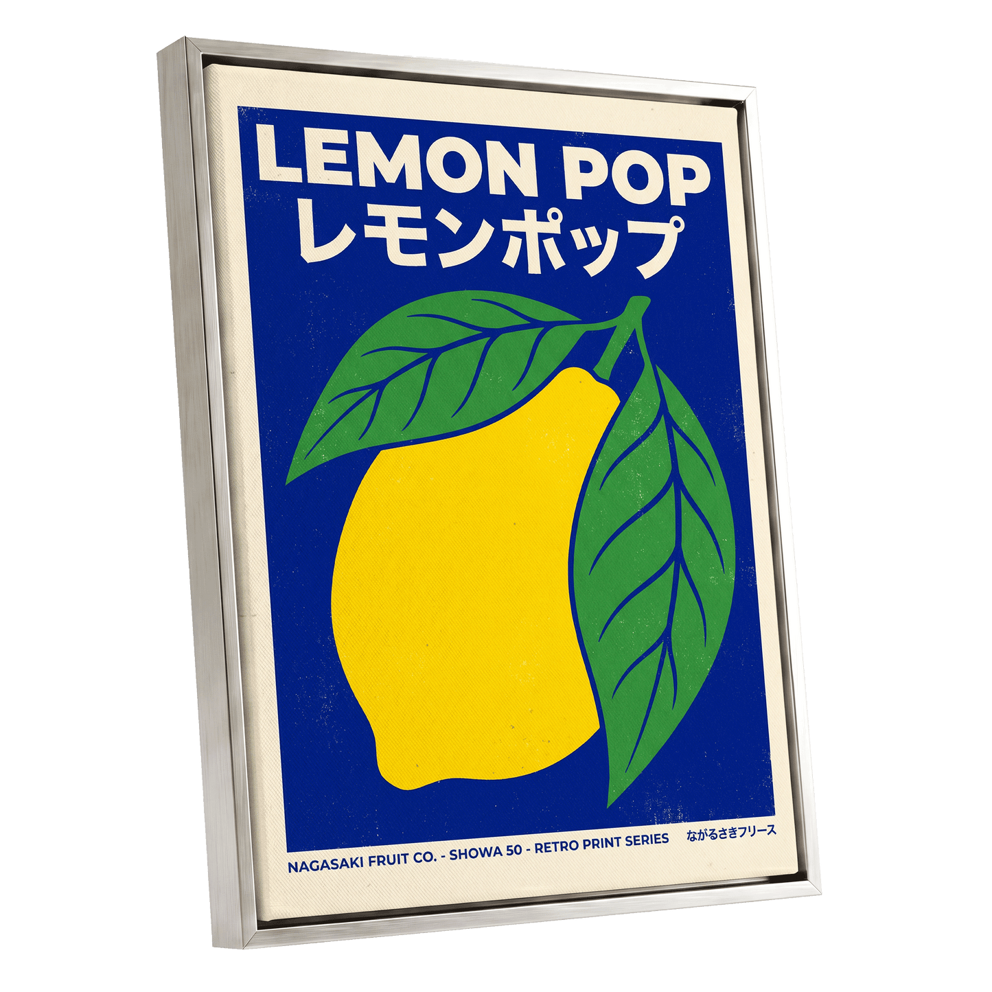 Lemon Pop, blue, yellow, green nature wall art shown as a silver framed canvas wall art