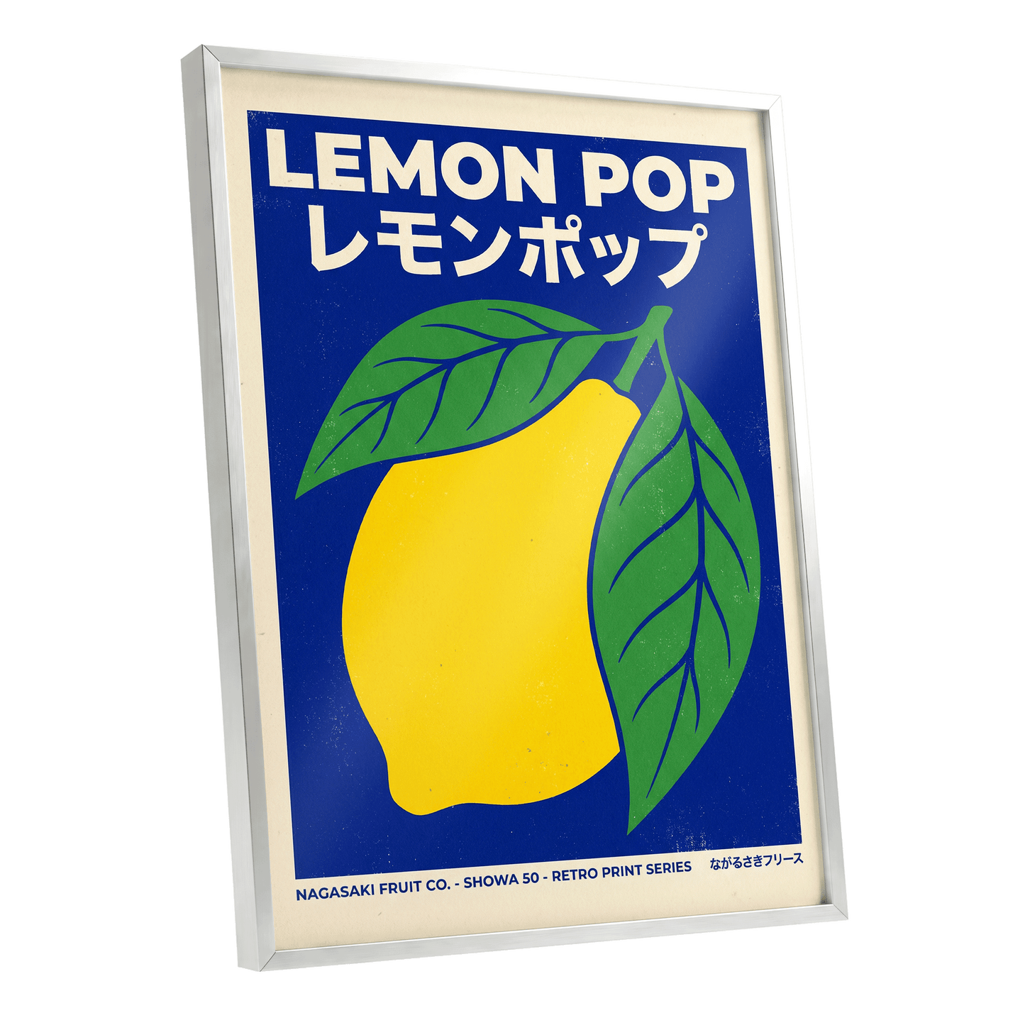 Lemon Pop, blue, yellow, green nature wall art shown as a silver framed poster wall art print