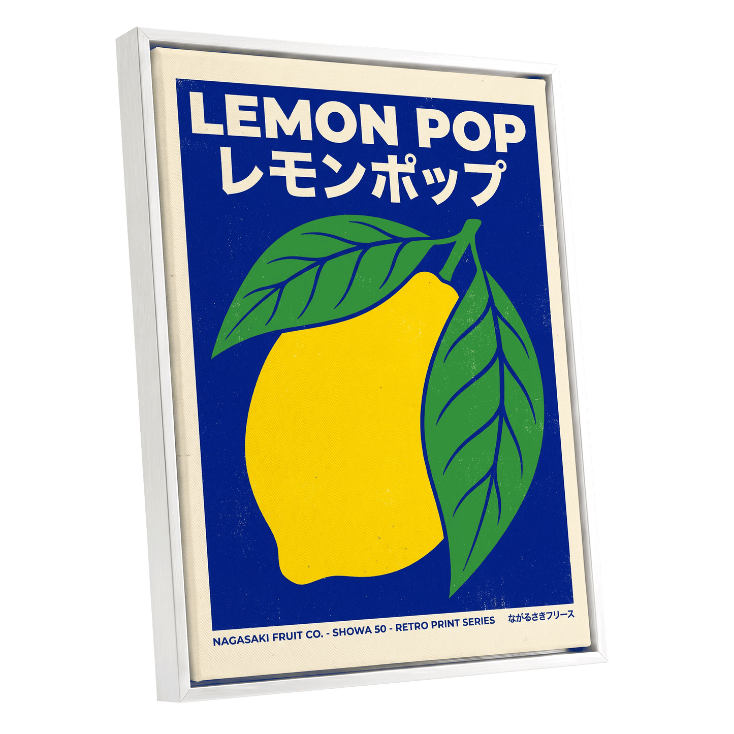 Lemon Pop, blue, yellow, green nature wall art shown as a white framed canvas wall art