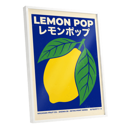 Lemon Pop, blue, yellow, green nature wall art shown as a white framed poster wall art print