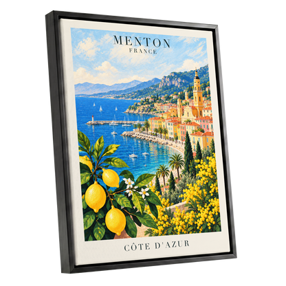 Lemon Riviera, blue, yellow, green nature wall art shown as a black framed canvas wall art