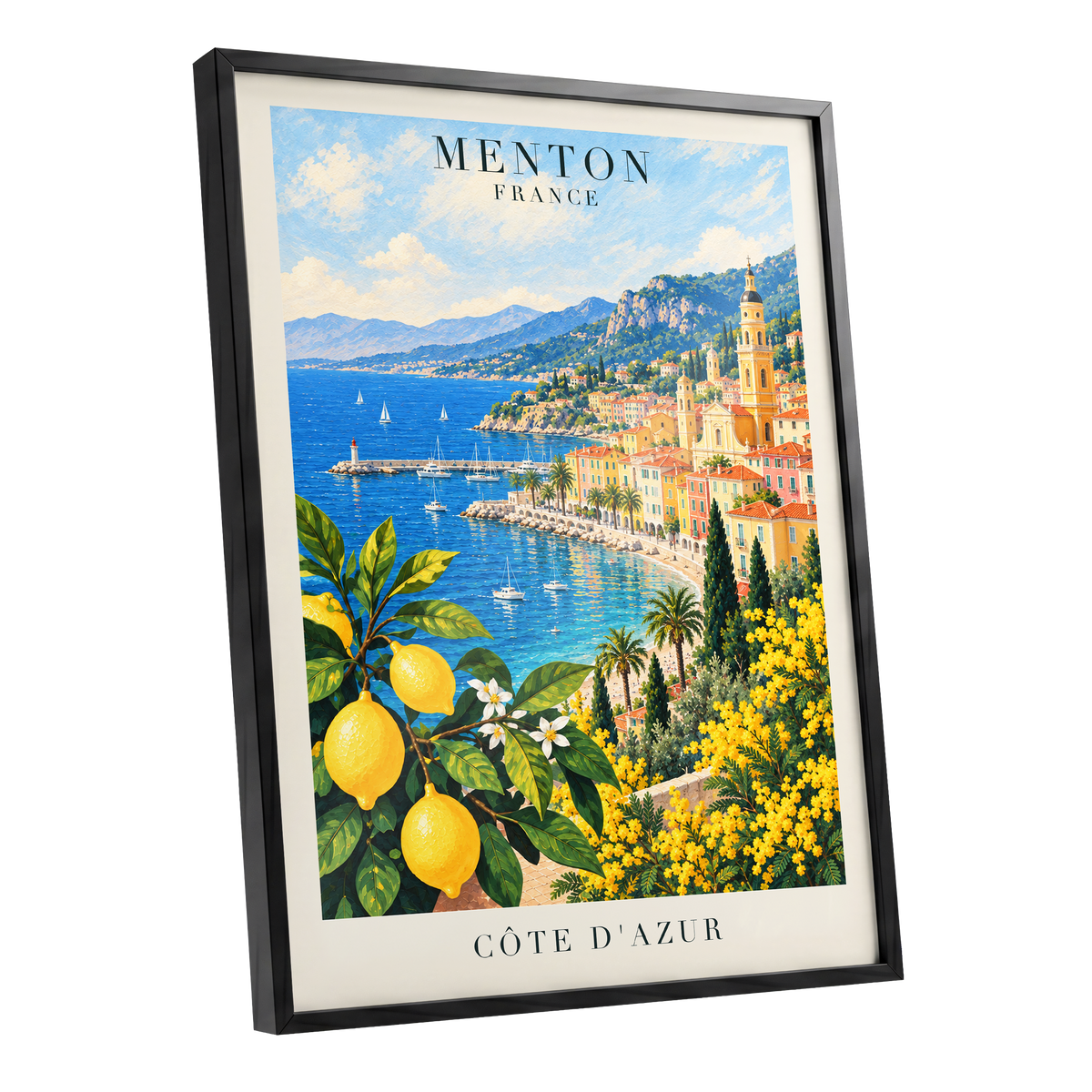 Lemon Riviera, blue, yellow, green nature wall art shown as a black framed poster wall art print