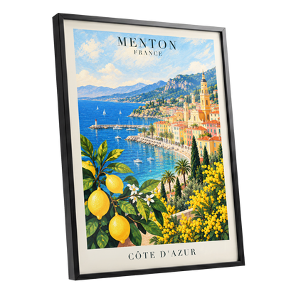 Lemon Riviera, blue, yellow, green nature wall art shown as a black framed poster wall art print