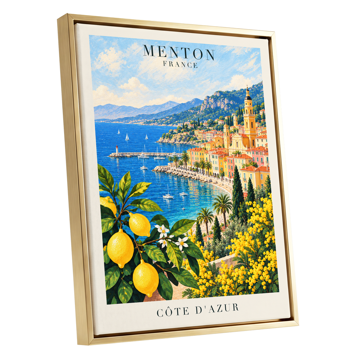 Lemon Riviera, blue, yellow, green nature wall art shown as a gold framed canvas wall art