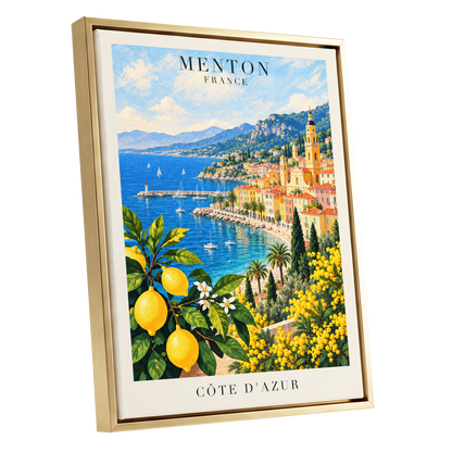 Lemon Riviera, blue, yellow, green nature wall art shown as a gold framed canvas wall art