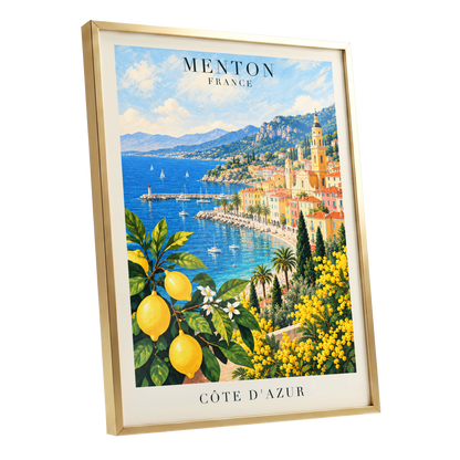 Lemon Riviera, blue, yellow, green nature wall art shown as a gold framed poster wall art print