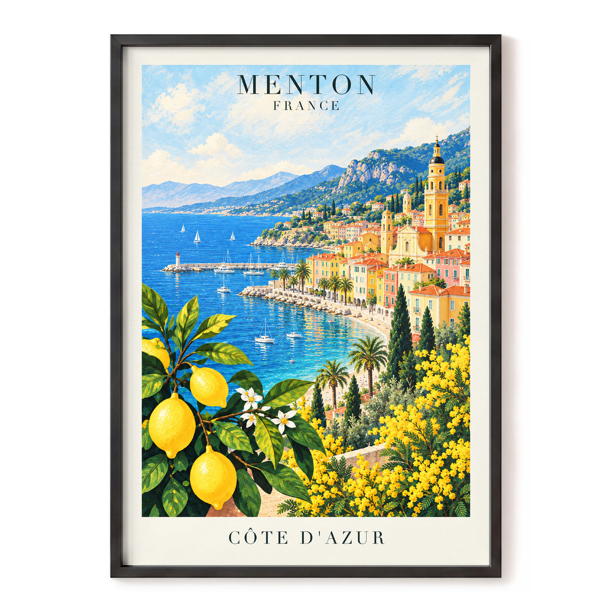 Lemon Riviera, blue, yellow, green nature wall art, front artwork view