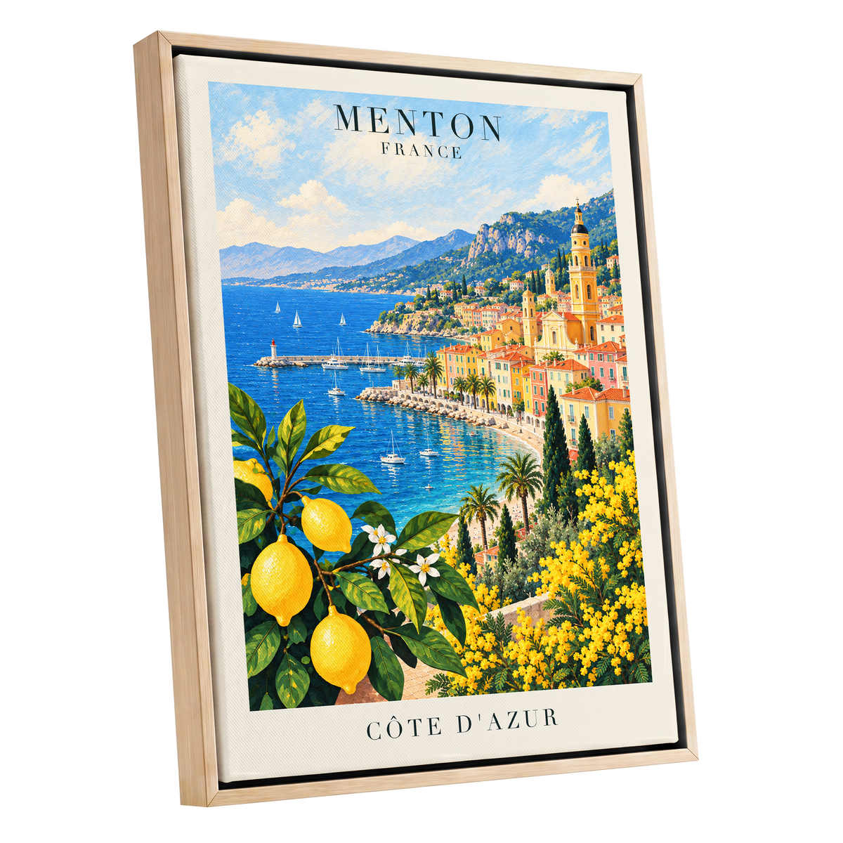 Lemon Riviera, blue, yellow, green nature wall art shown as a oak framed canvas wall art