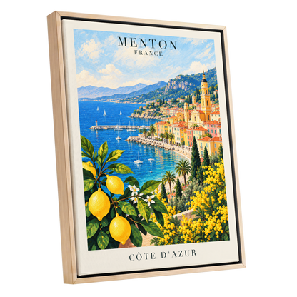 Lemon Riviera, blue, yellow, green nature wall art shown as a oak framed canvas wall art