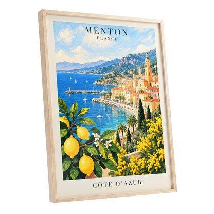 Lemon Riviera, blue, yellow, green nature wall art shown as a oak framed poster wall art print