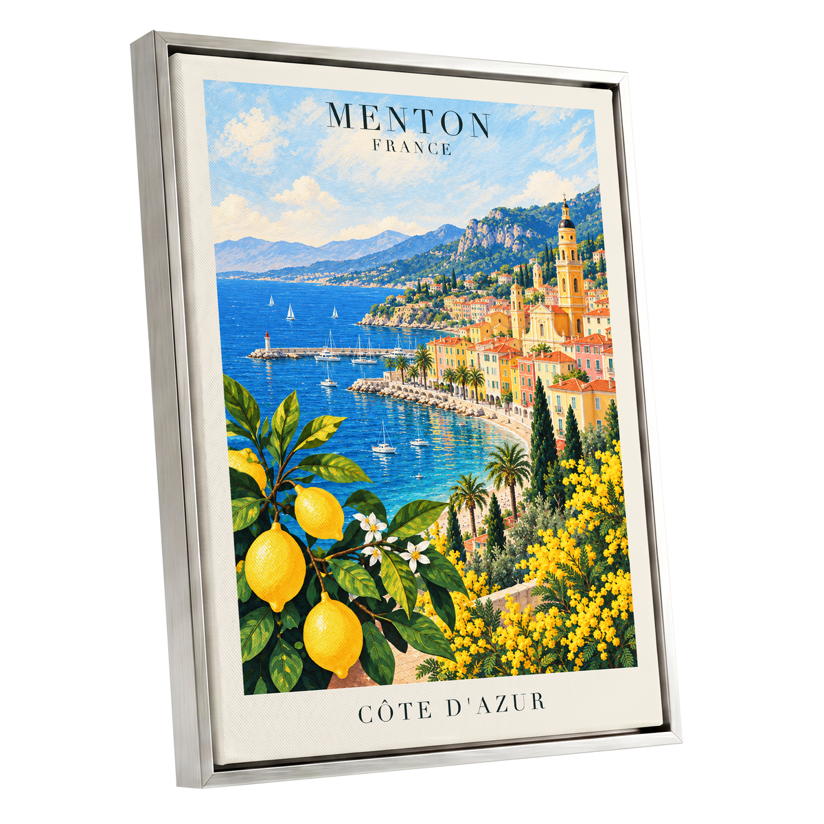 Lemon Riviera, blue, yellow, green nature wall art shown as a silver framed canvas wall art