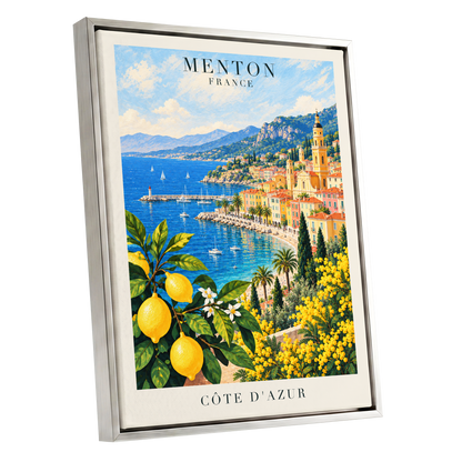 Lemon Riviera, blue, yellow, green nature wall art shown as a silver framed canvas wall art