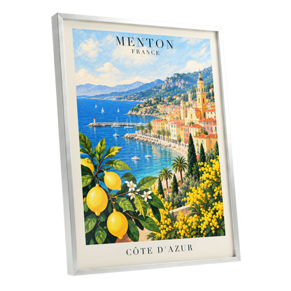 Lemon Riviera, blue, yellow, green nature wall art shown as a silver framed poster wall art print