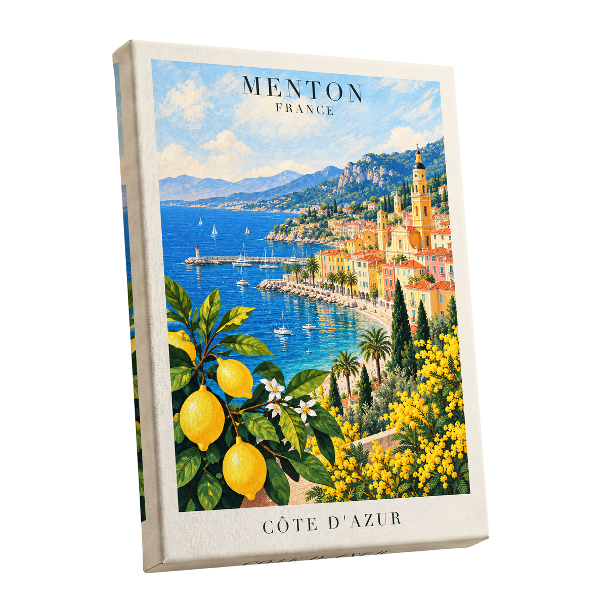Lemon Riviera, blue, yellow, green nature wall art shown as a stretched canvas wall art