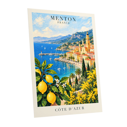 Lemon Riviera, blue, yellow, green nature wall art shown as a unframed poster wall art print