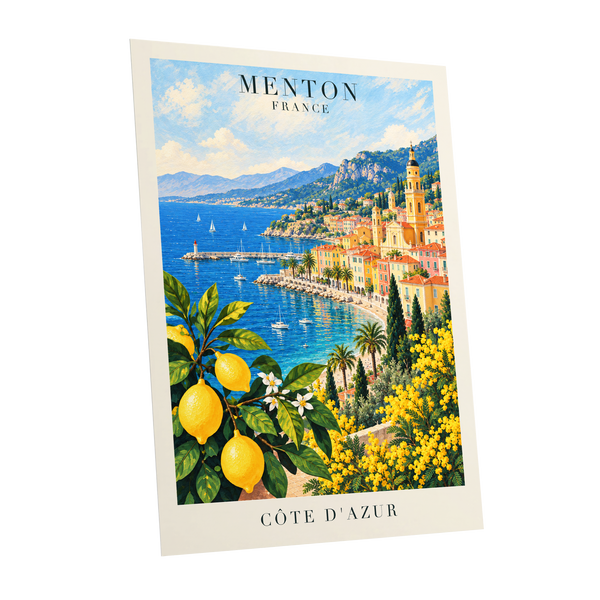 Lemon Riviera, blue, yellow, green nature wall art shown as a unframed poster wall art print