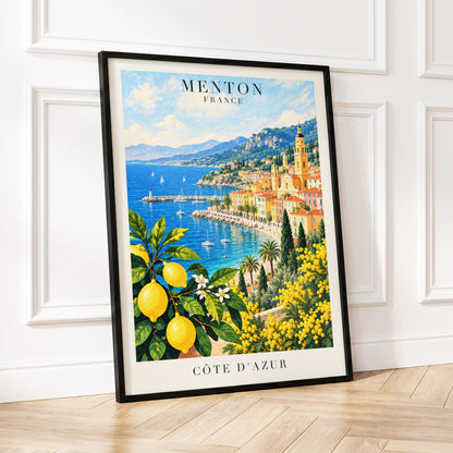 Lemon Riviera, blue, yellow, green nature wall art displayed in a styled interior, gallery view 2
