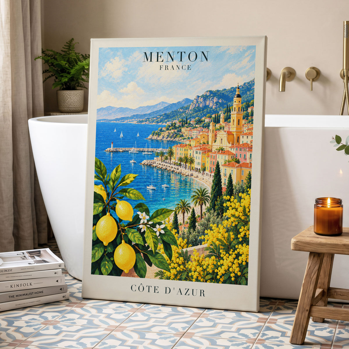Lemon Riviera, blue, yellow, green nature wall art displayed in a styled interior, gallery view 3