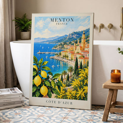 Lemon Riviera, blue, yellow, green nature wall art displayed in a styled interior, gallery view 3