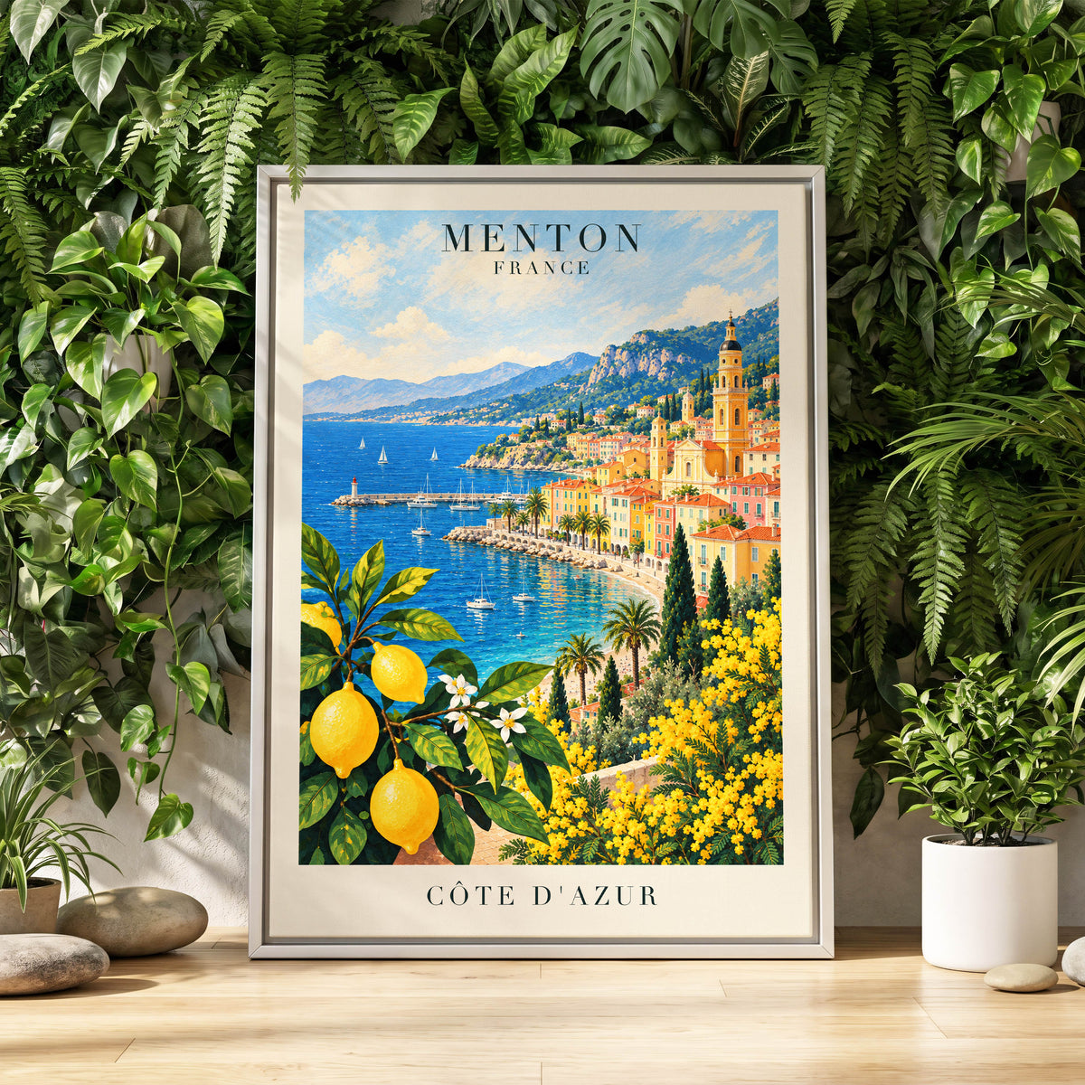 Lemon Riviera, blue, yellow, green nature wall art displayed in a styled interior, gallery view 4