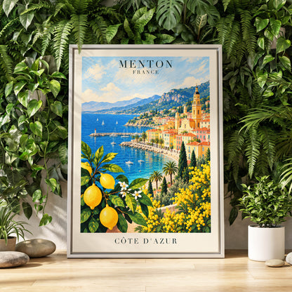 Lemon Riviera, blue, yellow, green nature wall art displayed in a styled interior, gallery view 4