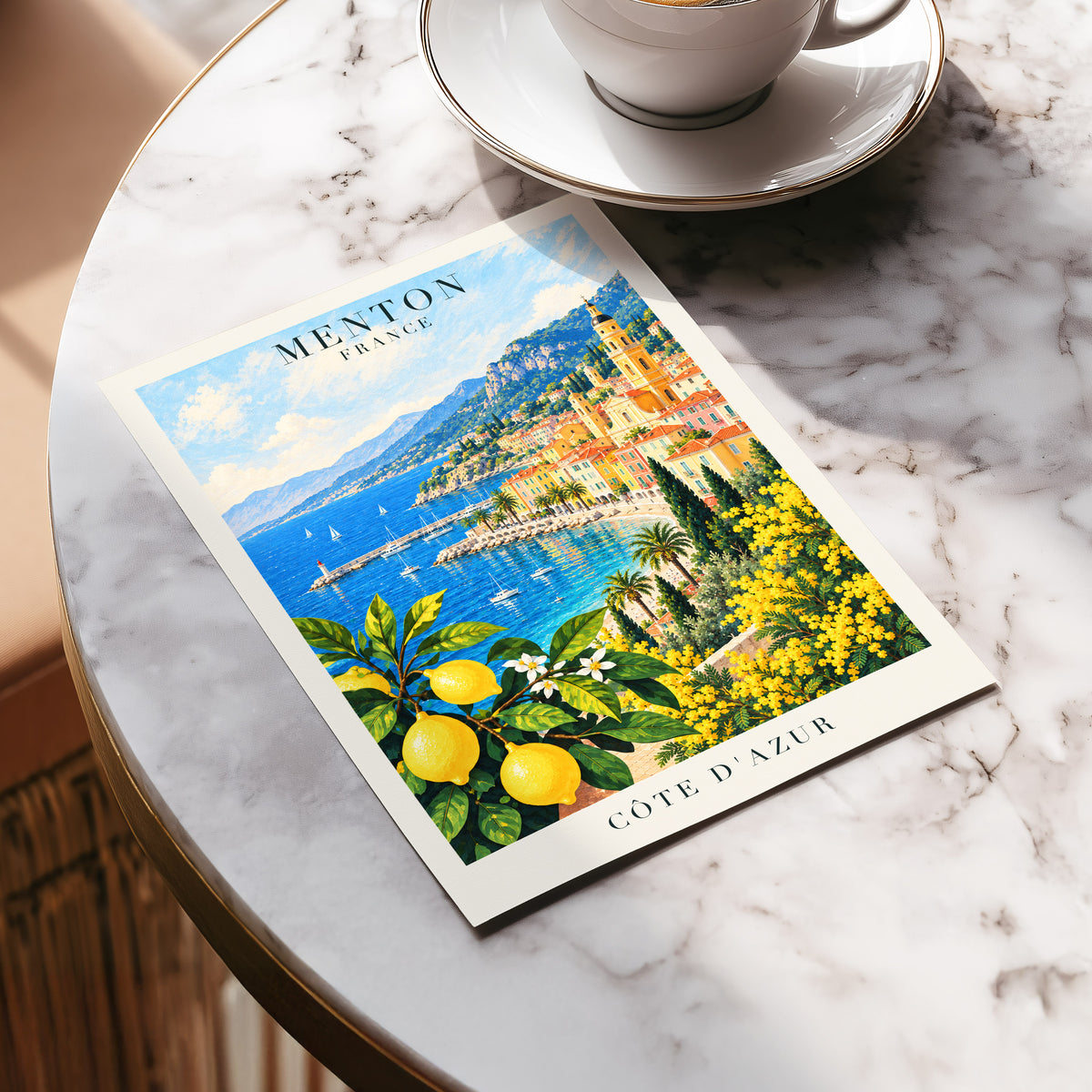 Lemon Riviera, blue, yellow, green nature wall art displayed in a styled interior, gallery view 5