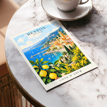 Lemon Riviera, blue, yellow, green nature wall art displayed in a styled interior, gallery view 5