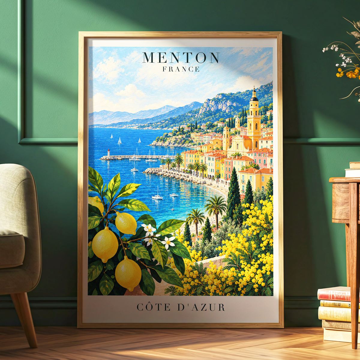Lemon Riviera, blue, yellow, green nature wall art displayed in a styled interior, gallery view 6