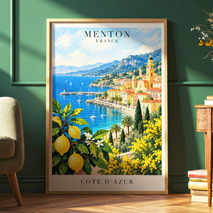 Lemon Riviera, blue, yellow, green nature wall art displayed in a styled interior, gallery view 6