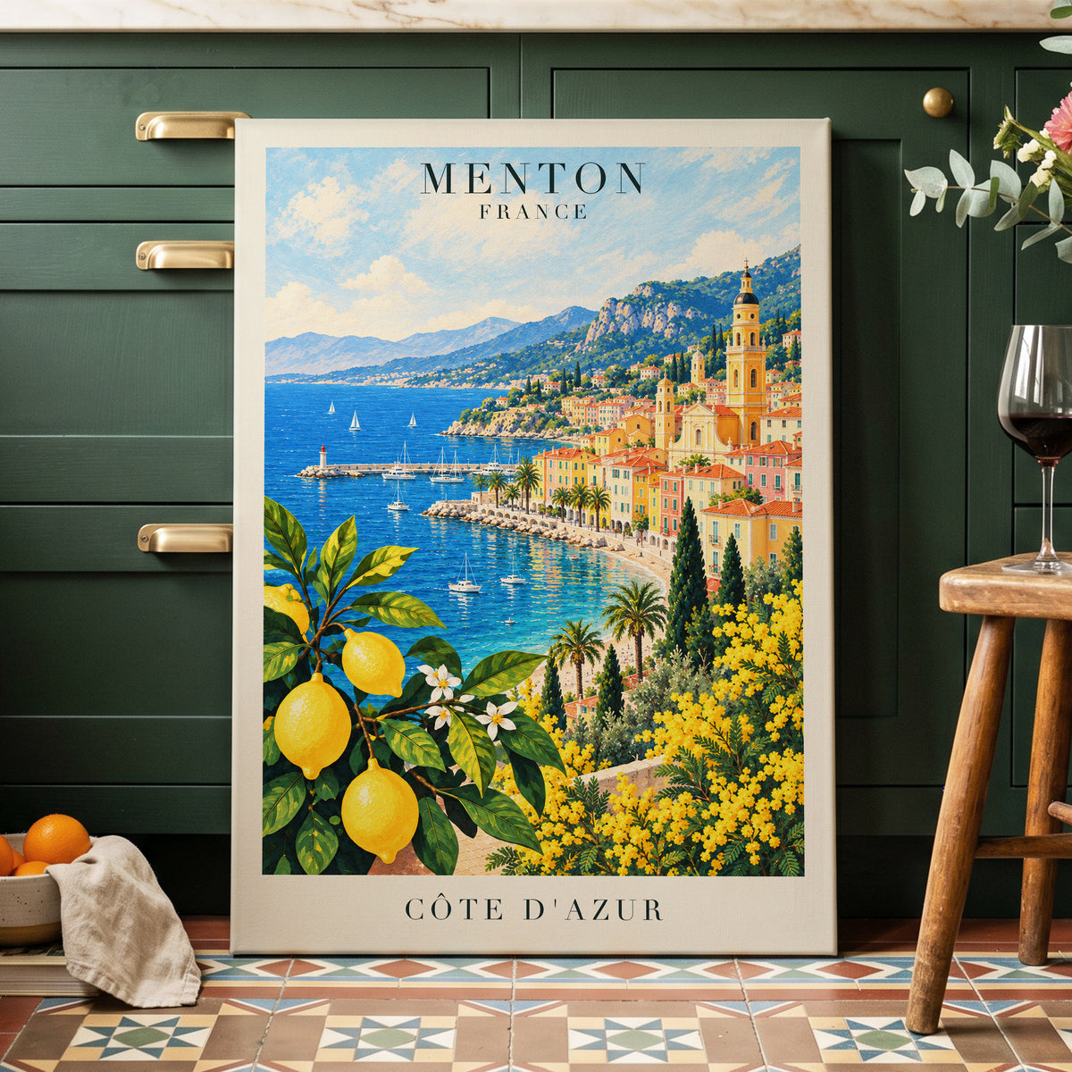 Lemon Riviera, blue, yellow, green nature wall art displayed in a styled interior, gallery view 7